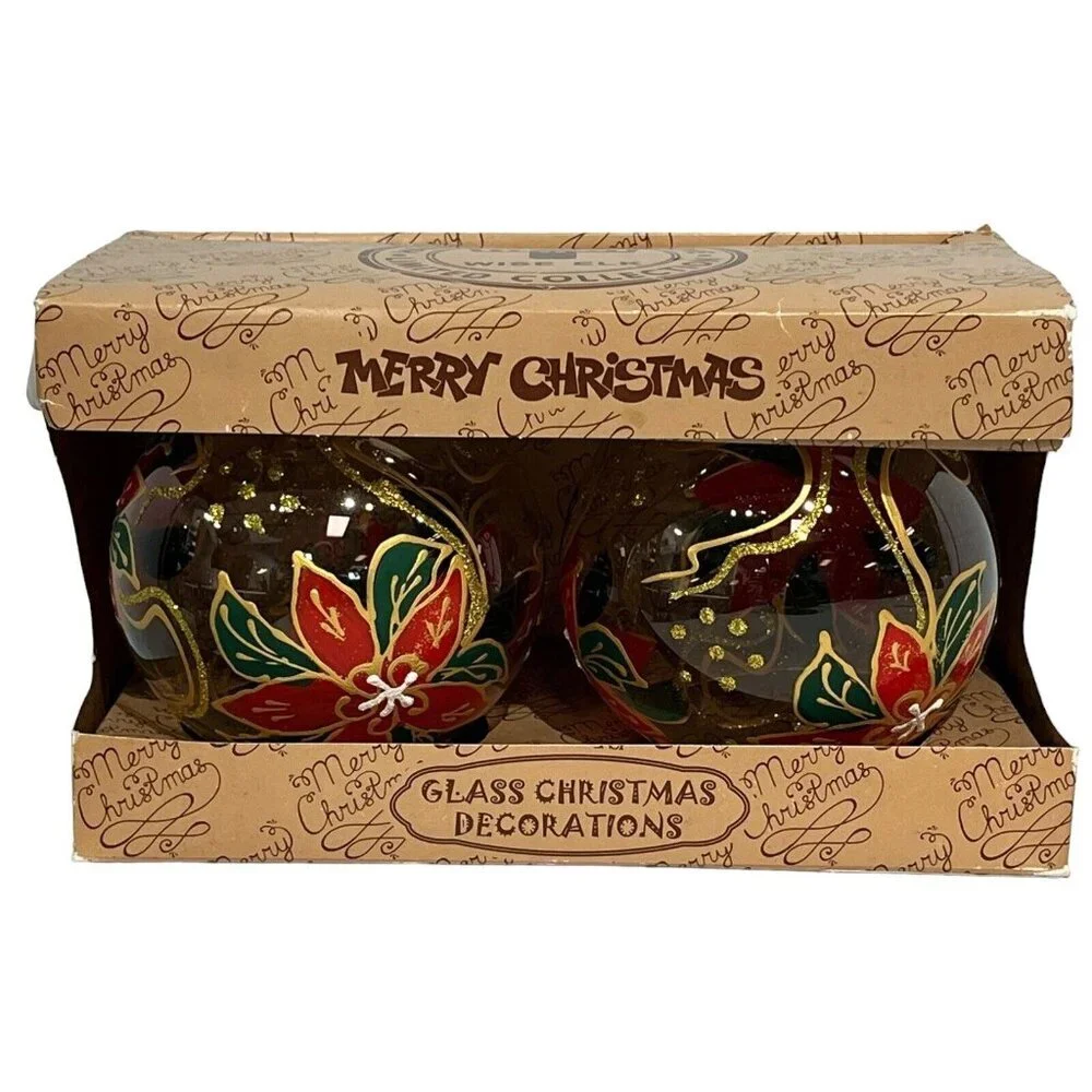 Wise Elk Glass Christmas‎ Ornaments Poinsettia Set Of 2  Bulbs Clear Painted